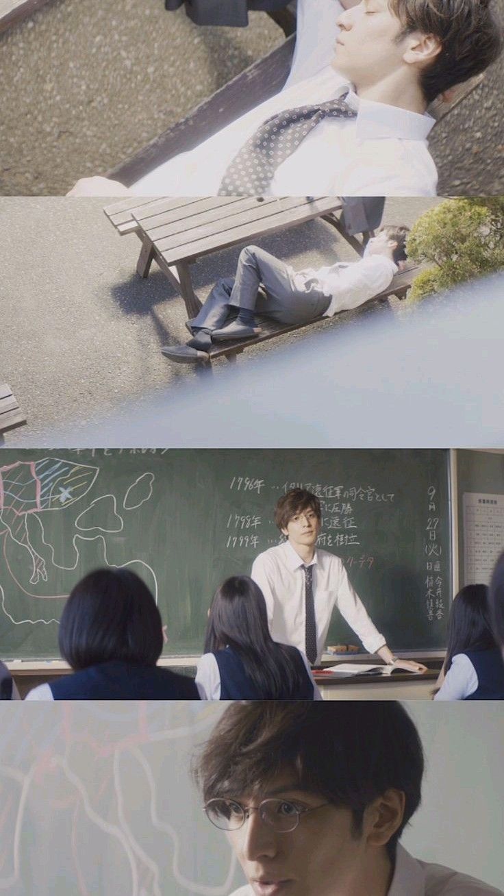 the image is a collage of four photos. the top two photos feature a young man sleeping outdoors, first on a bench and then on a picnic table. the bottom two photos are in a classroom setting with a teacher at the chalkboard and a student in the foreground. the teacher is pointing to a map on the board. the student is wearing glasses and looking at the camera. the overall tone of the images is bright and airy, with a soft and natural light.