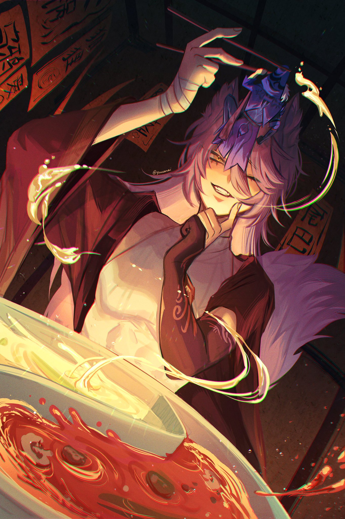 a digital illustration of an anime girl with purple hair, red and white clothes, holding chopsticks, sitting near a bowl full of red and yellow liquids. she is smiling, with her right hand on her chin, and her left hand is holding a pair of chopsticks,  near the bowl. the girl is dressed in a traditional japanese kimono.