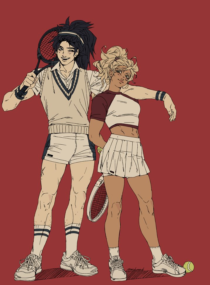 this is an illustration of a man and a woman dressed in tennis outfits. they are both smiling and holding tennis rackets. the man is wearing a white shirt and shorts, while the woman is wearing a white shirt and skirt. the background is red. the style of the illustration is cartoon, anime, manga and digital art.