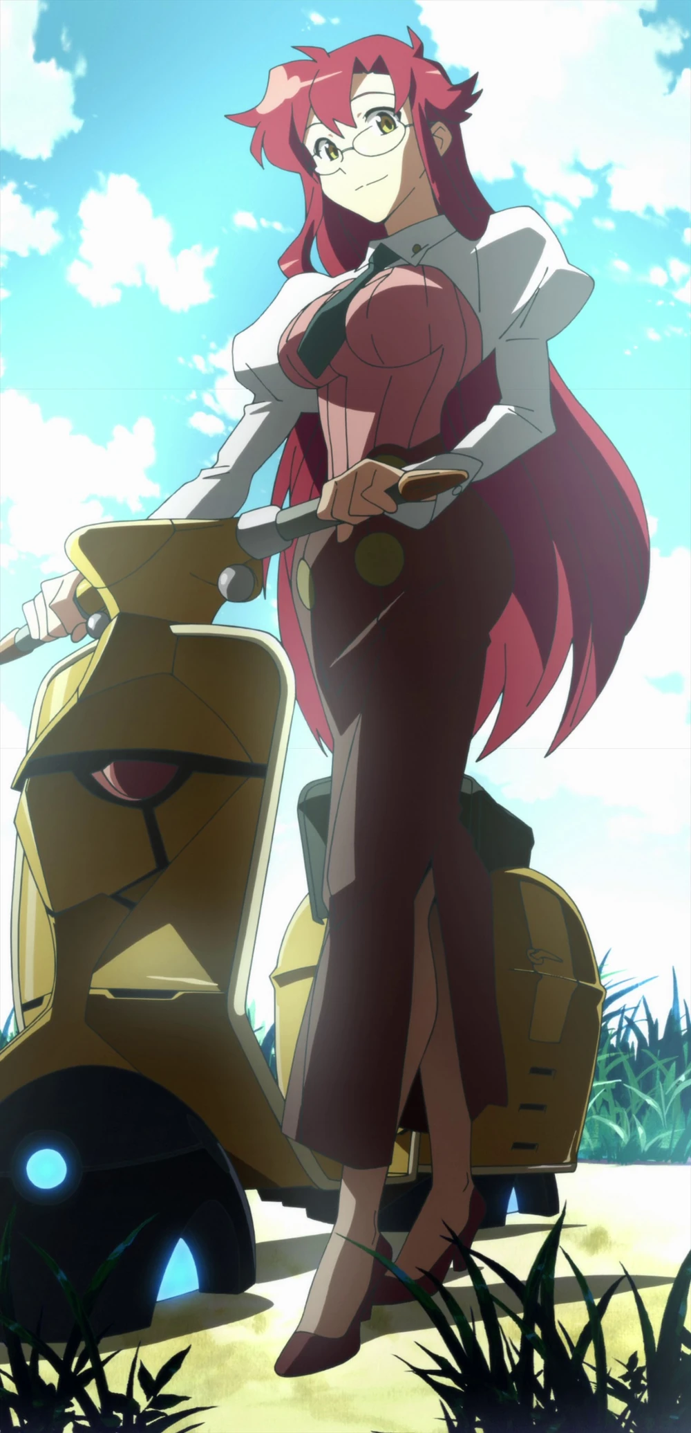 an anime girl with red hair and glasses is sitting on a yellow and gold scooter. she is wearing a white shirt with a black tie and a brown skirt. she is smiling and looking at the camera. she is riding the scooter in a field of green grass and blue sky.
