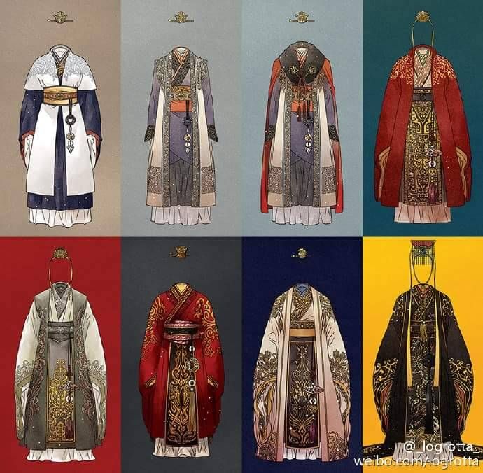 the image shows an illustration of 8 different variations of traditional chinese clothing known as hanfu. each illustration depicts a figure in elaborate clothing with intricate embroidery and details. the clothing styles are likely to be historical, reflecting the attire of various chinese dynasties, possibly showcasing different ranks or positions in the court.