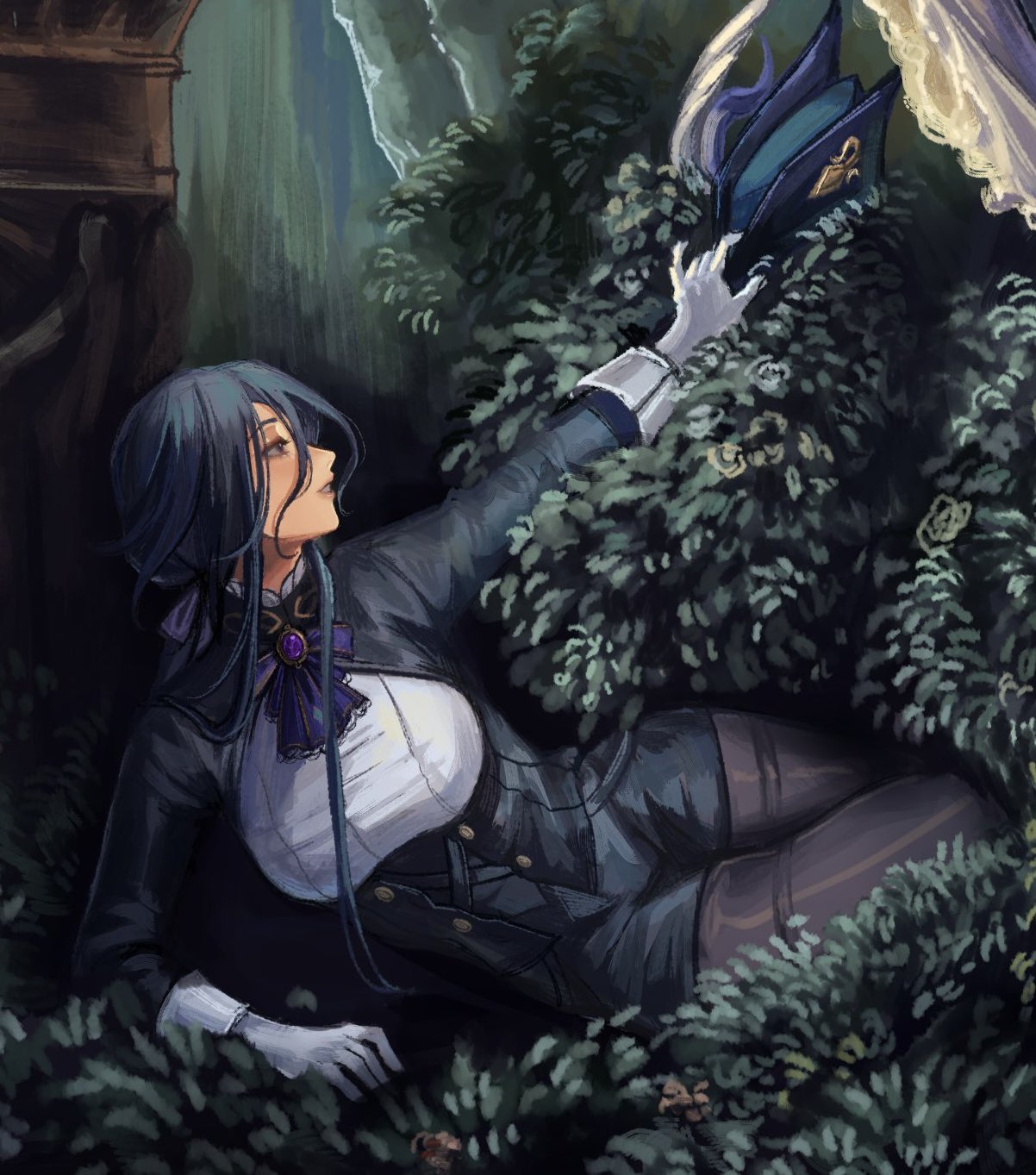 an anime girl with long black hair and white gloves is laying in a forest.  she's wearing a black and white outfit and a large blue hat.  green leaves are around her.