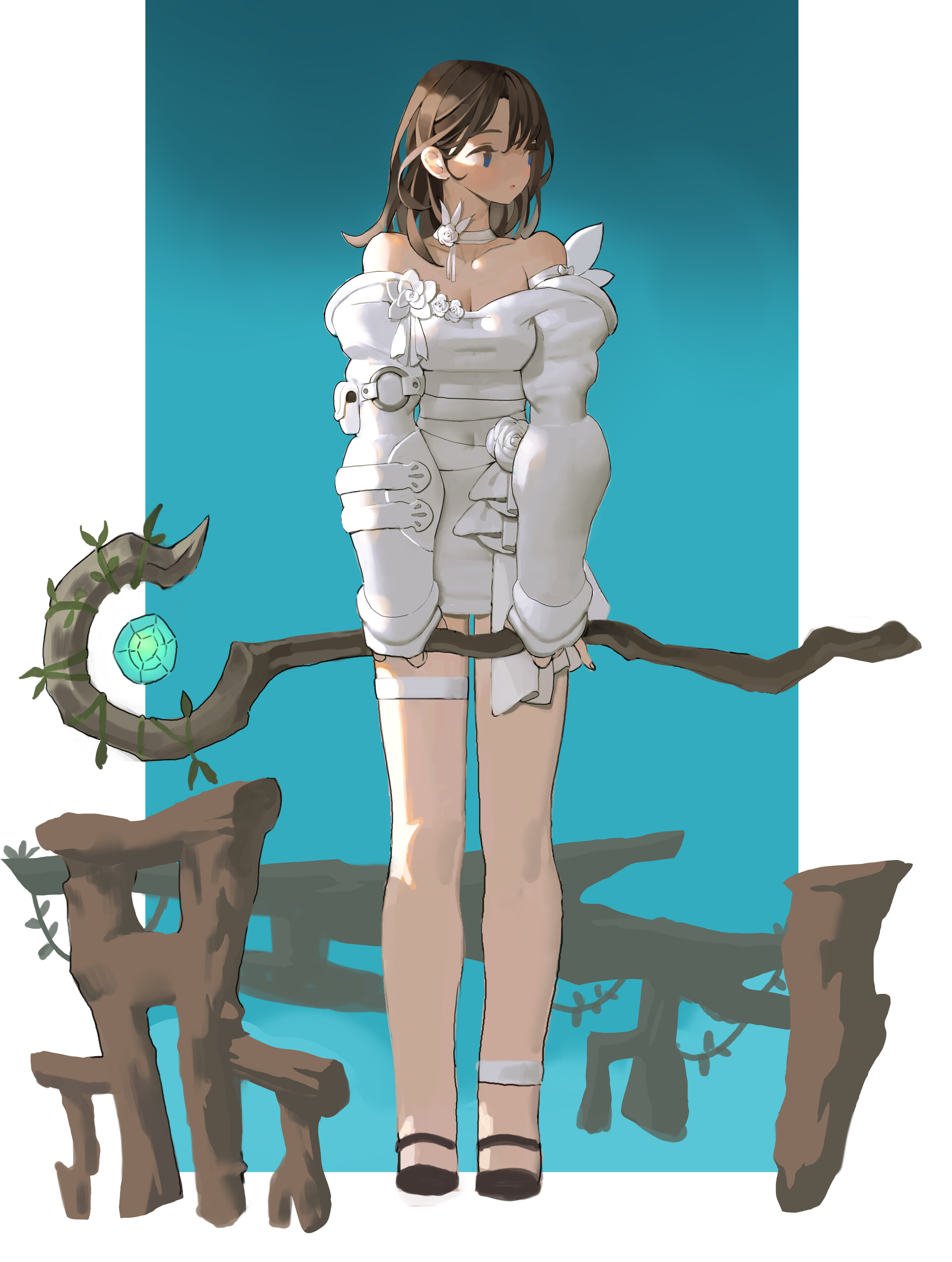 a fullbody digital art illustration of a female anime character with long brown hair and medium breasts. she is wearing a white dress and jewelry. she is holding a brown wooden staff with a green gem at the top. the background is a light blue rectangular shape.