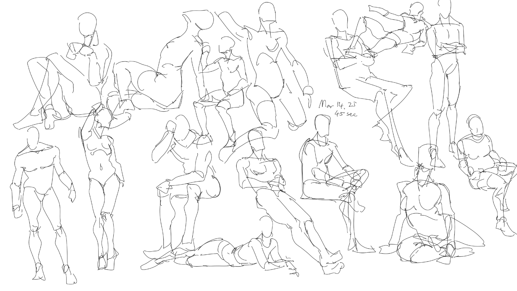 the image contains a collection of quick sketches of human figures in various poses, rendered in a simple line art style. the figures are depicted sitting, standing, lying down, and in active stances, demonstrating a range of body positions and gestures. the sketches are minimalist, focusing on capturing the essence of the pose with minimal detail.