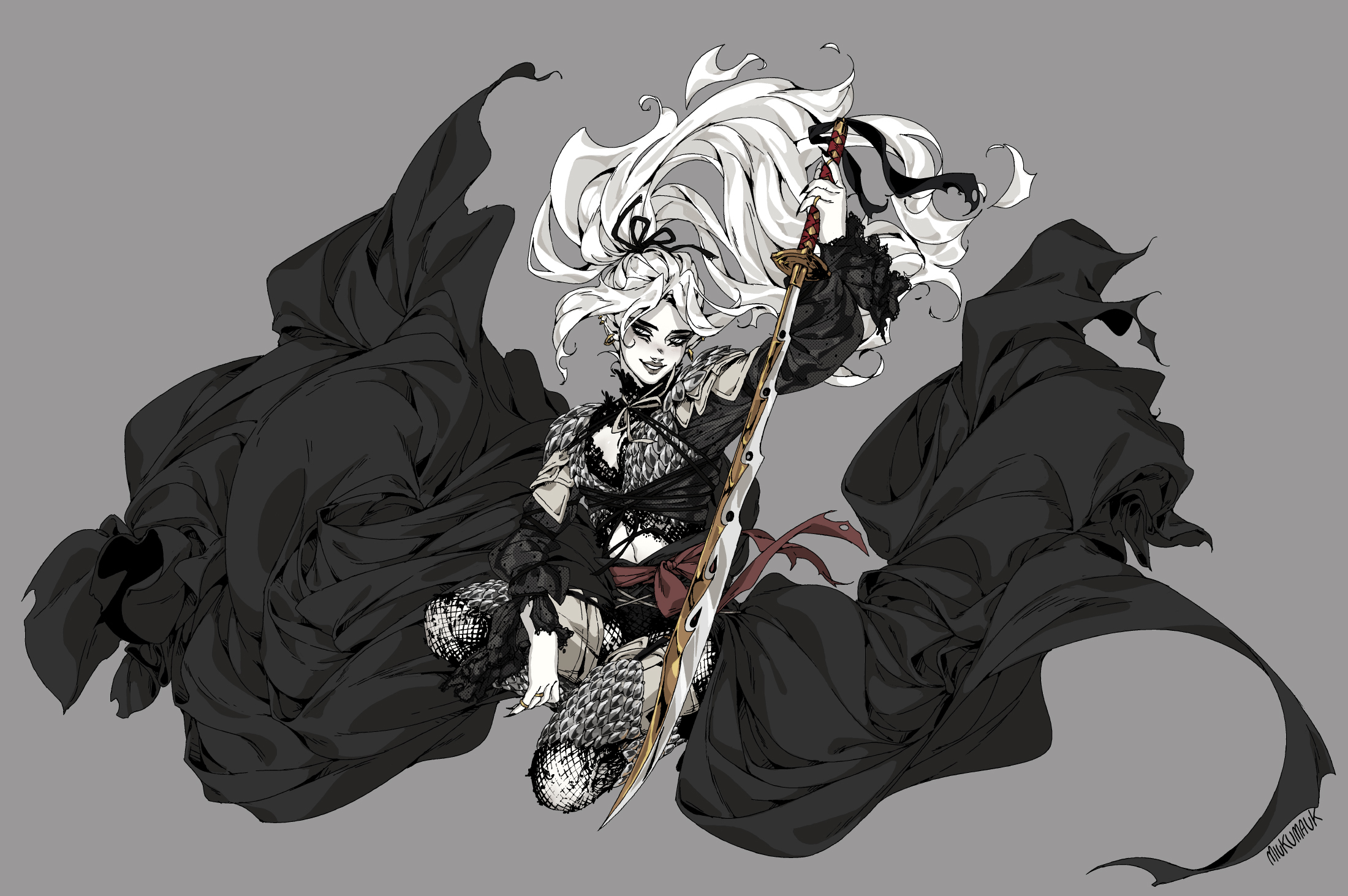 the image depicts a woman with long white hair, wearing a black and red outfit with a fishnet pattern, wielding a sword. she is surrounded by flowing black fabric, perhaps a cloak or cape, that creates a dramatic and mysterious atmosphere. the overall style of the illustration is animeinspired, with a dark and edgy aesthetic. the woman's pose is dynamic and powerful, suggesting she is ready for battle or combat. the image conveys a sense of strength, fierceness, and elegance, making it an intriguing and captivating piece of artwork.