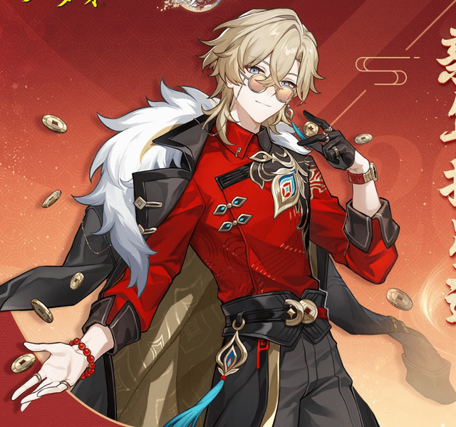 the image showcases detailed fanart of scaramouche from genshin impact. he is depicted in an elegant, stylized pose, wearing a vibrant red chinesestyle outfit adorned with gold accents and traditional patterns.  his blond hair is styled neatly, and he wears glasses. he is surrounded by falling gold coins, adding to the opulent aesthetic. the art style is sharp, clean, and colorful, characteristic of anime and manga illustration. the background is a blurred red and gold, emphasizing the festive and rich atmosphere.  the overall impression is one of sophisticated style and power.