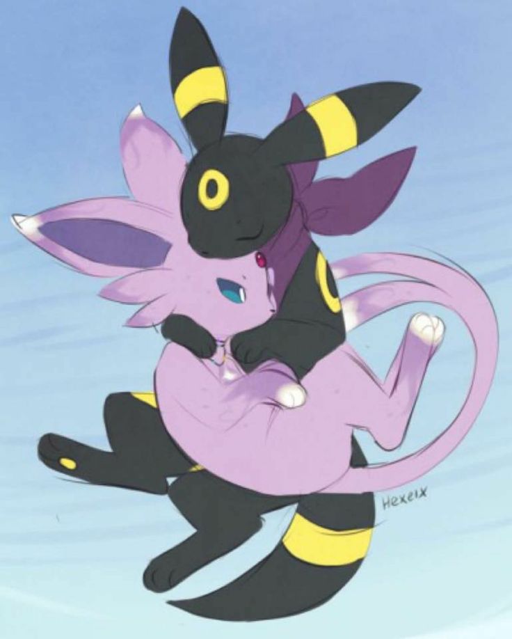 the image is a piece of fanart depicting two pokémon, umbreon and espeon, in a tender embrace. umbreon, the black and yellow pokémon, has its arms wrapped around espeon, the purple pokémon.  both pokémon are drawn in a soft, slightly cartoonish style typical of anime and digital art. the background is a simple, light blue gradient. the artist's signature, "hexelix," is visible in the bottom right corner. the overall mood of the image is sweet and heartwarming, emphasizing the close bond between the two pokémon.