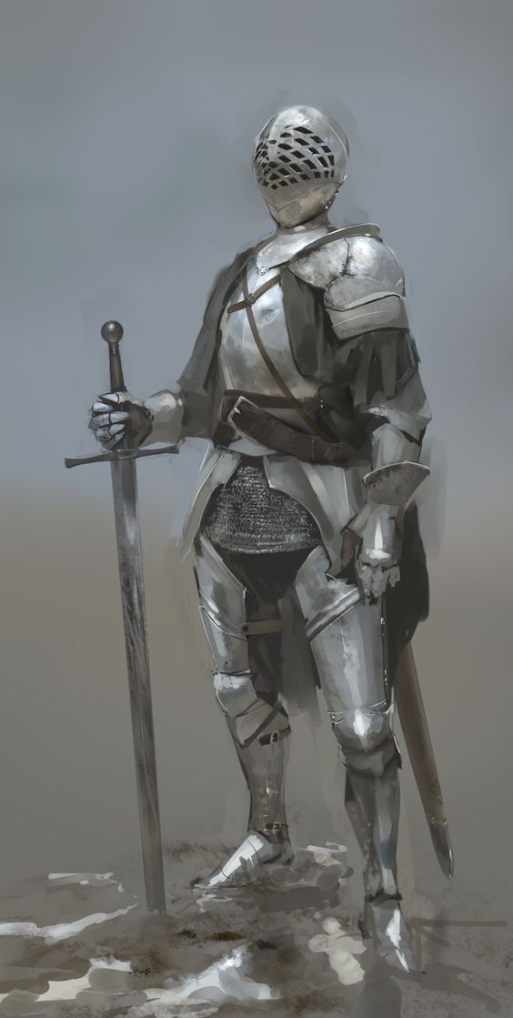 a lone knight stands solemnly in mud, the silverygray of their meticulously crafted plate armor mirroring the overcast sky above. their fullfaced helmet conceals any hint of emotion, and a long sword rests firmly in their gauntleted hand. the scene exudes an aura of stoic strength and quiet anticipation, perhaps on the brink of battle.