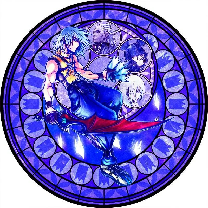 this vibrant image depicts roxas, a key character from the kingdom hearts video game series, in the style of a stainedglass window.  he is centrally positioned, wielding his signature weapon, the oathkeeper keyblade. surrounding him in smaller circular frames are other important characters from the game: axel, riku, mickey mouse, and namine. the overall design is circular with intricate blue and purple patterns reminiscent of traditional stainedglass artwork. the bright lighting accentuates the vivid colors and gives the image a luminous quality.
