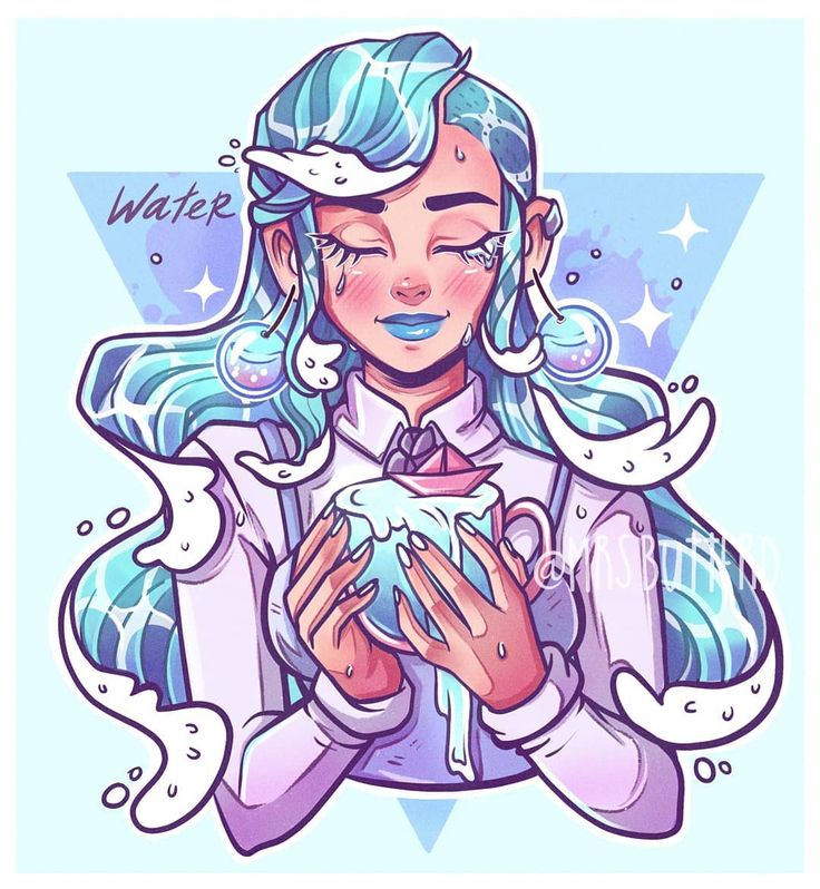 this illustration is a digital art piece featuring a young girl with long, flowing blue hair and a cute, cartoonish style. the girl is holding a cup of water with a paper boat floating on top.  she is wearing a white and purple outfit, with a blue and white scarf around her neck. her hair is drawn with a soft, watery effect. the background is a light blue and white color, with a triangular pattern. the overall style of the illustration is whimsical and dreamy, with a focus on sweetness and beauty.