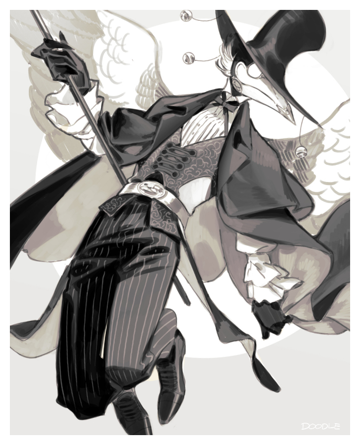 the image features a stylish plague doctor character with feathery angel wings, drawn in grayscale with a focus on dramatic pose and intricate clothing details.  he holds a cane and wears a long coat, patterned vest, cravat, and a plague doctor mask.