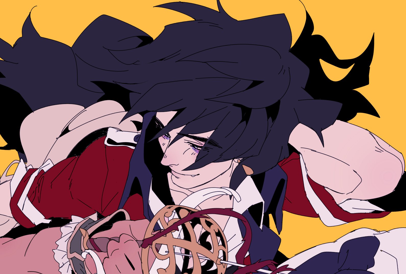 a digital illustration of an anime character in a red jacket with long black hair, the character is holding a sword and looking down, with a yellow background.