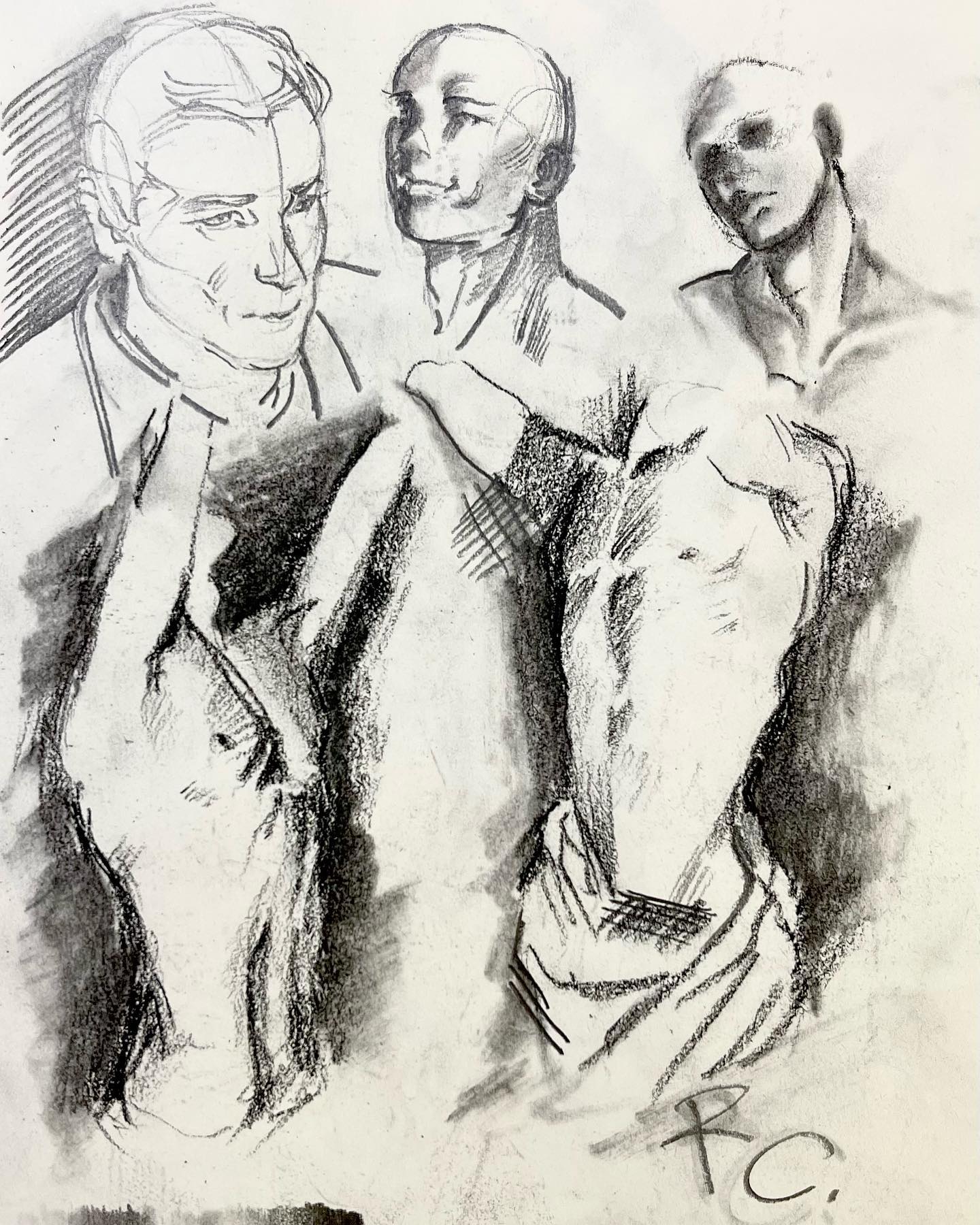 the image is a black and white charcoal drawing of multiple figure studies. there are three studies of men's heads, two from life and one from a plaster cast.  there are also two studies of a male torso, one from life and one from a plaster cast.  the drawing explores anatomy, form,  light, and shadow.