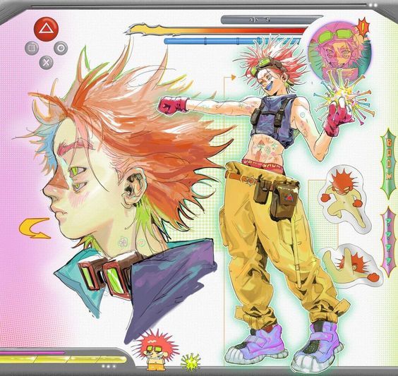this image looks like a character concept sheet for a fighting game character. the art style is reminiscent of japanese animation with exaggerated features, dynamic poses, and bold outlines. the character design incorporates elements of punk and futuristic aesthetics, with goggles, spiked hair, and brightly colored clothing. the character is shown in different poses, likely showcasing his fighting stance and special moves. the white background and minimal ui elements keep the focus on the character design and the energy it conveys.
