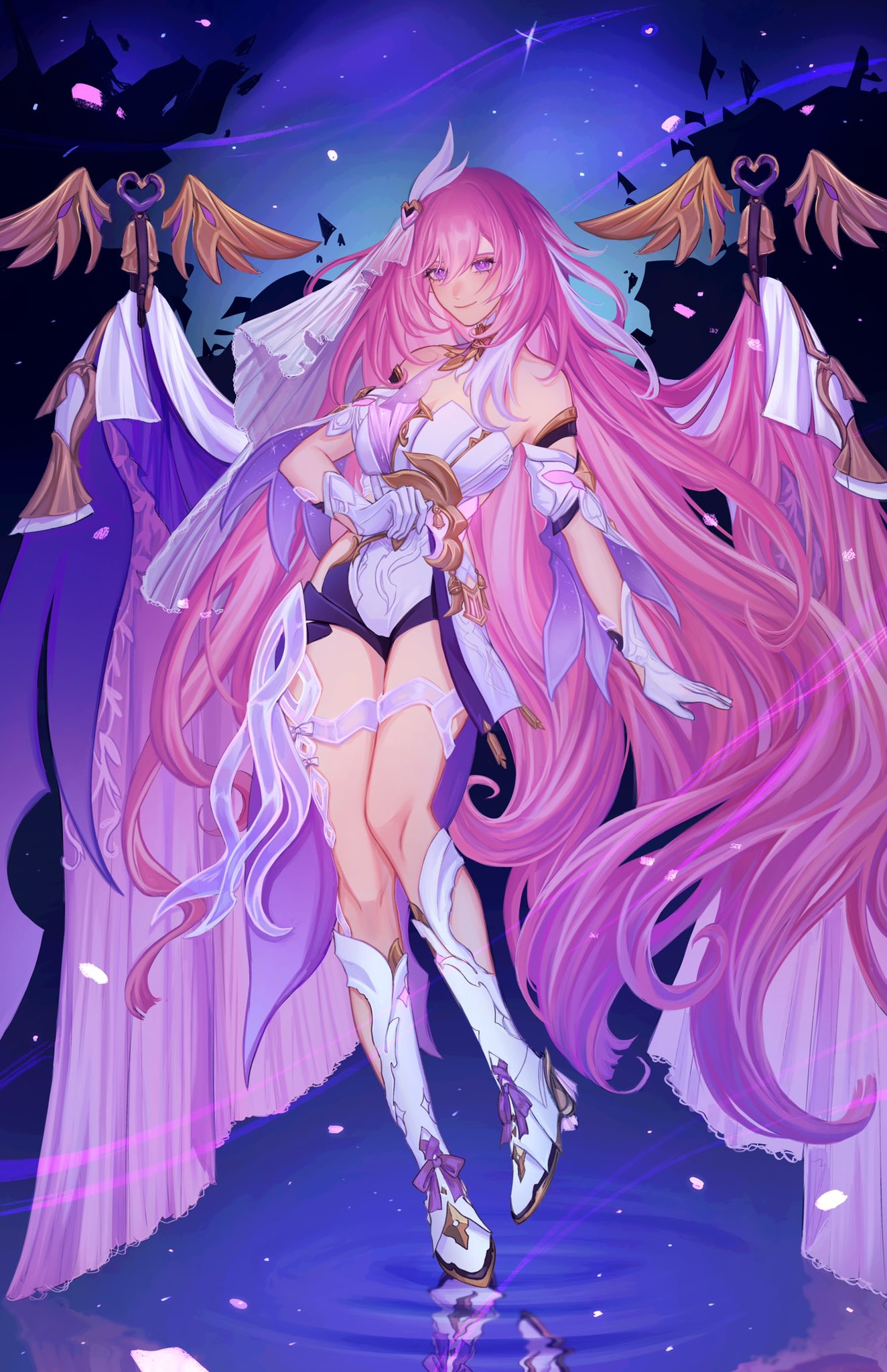 a young anime girl with long pink hair and white wings is floating above a body of water. she is wearing a white dress with purple accents and a white cloak with purple lining. she is looking at the viewer with a sweet and gentle expression. the background is a dark blue with stars and pink flower petals floating in the air.