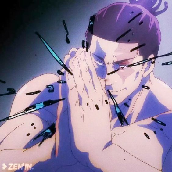 the image showcases a muscular anime man with his hands clasped in front of his face, as if meditating or concentrating. he's shirtless, highlighting his physique, and has dark hair tied up in a topknot. streaks of black and turquoise energy surround him, emphasizing a sense of movement and power. the style is distinctly anime, with sharp lines and exaggerated features. the color palette is a blend of cool blues, purples, and pinks, creating a vibrant yet slightly ethereal atmosphere.