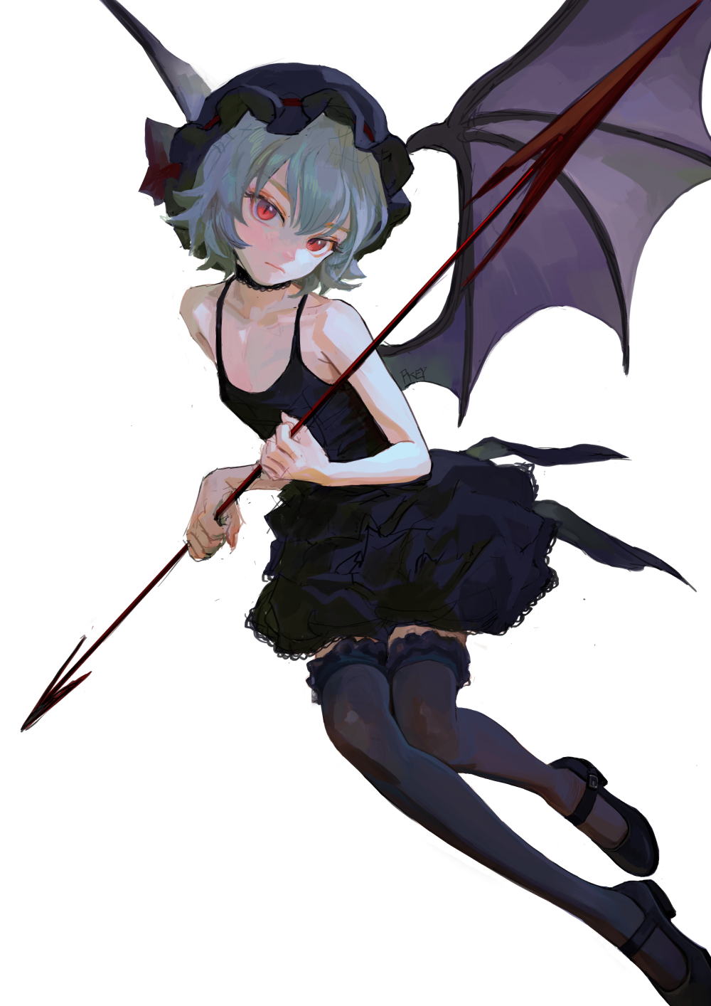 an anime girl with gray hair, red eyes, and bat wings is floating in the air. she wears a black dress with a ruffled skirt, a choker, socks, and mary jane shoes. she also has a frilly black nightcap on her head. she is holding a spear. she appears to be a fairy or fantasy character.