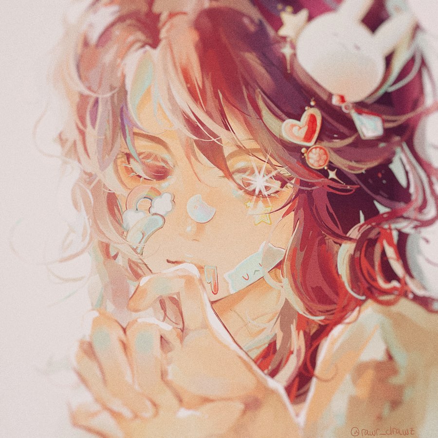 the image is a digital painting or illustration of a young animestyle girl. she has long, reddishpink hair with lighter streaks, styled in a way that partially obscures her face.  her hair is adorned with various decorative elements, including a small, white bunnyear shaped hair accessory, heartshaped stickers, and small glittering stars.  her face is partially covered with pastelcolored bandaid style stickers with designs like rainbows and moons.  she appears to have a delicate and slightly melancholic expression, and her hands are brought up to her face. the overall style is soft, whimsical, and dreamlike, with a palette dominated by pastel pinks, reds, and blues. the background is a blurry, offwhite. the style strongly suggests a kawaii or "cute" aesthetic.
