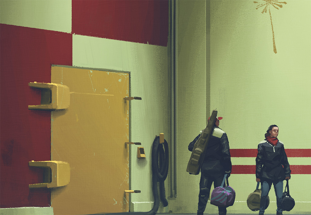 a man and a woman are standing outside a building. they are both carrying bags. the building has a large yellow door. the wall is a mix of red, yellow, and green colors.  the couple is facing to the right of the image, standing on a sidewalk and facing toward the city.