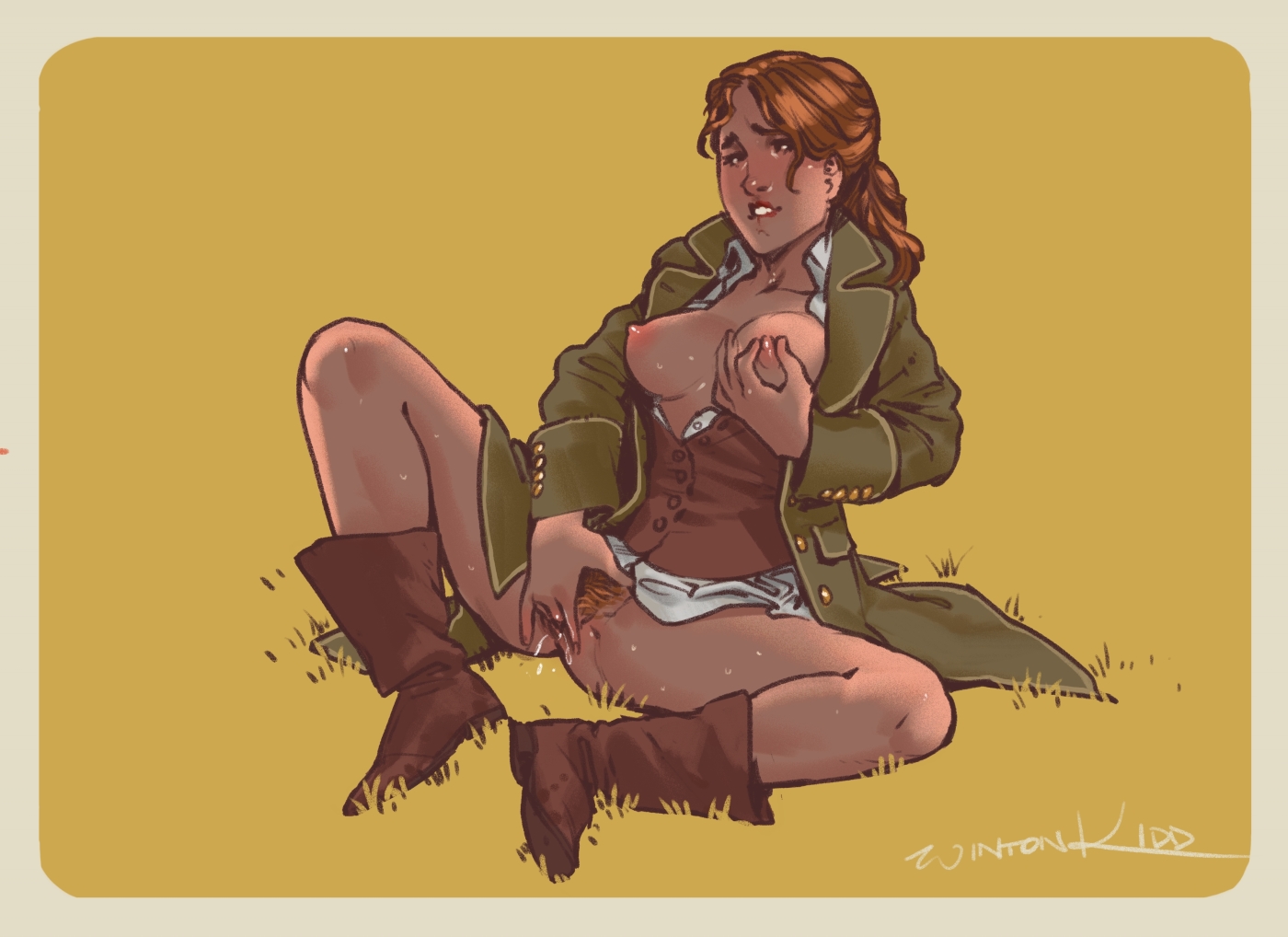 the image is a cartoon drawing of a woman with red hair sitting in a field of grass. she is wearing a partially open green coat and brown boots. her breasts are exposed, and she is masturbating. the style of the art is suggestive and somewhat erotic. the woman's expression is one of pleasure. the overall tone is warm and sensual.