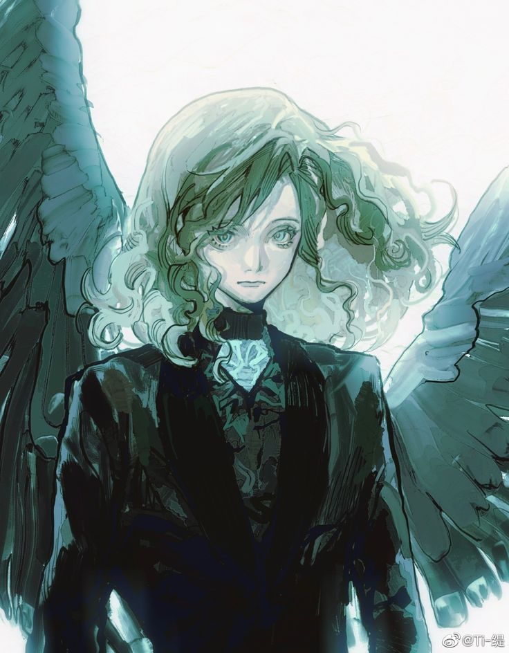 the image is a digital painting or illustration of a young woman with dark, large, feathered wings. she has long, curly, light teal hair and is wearing a dark, almost black suit with a high collar. a tealcolored adornment, possibly jewelry, is visible at the collar. her expression is serious and almost emotionless. the artwork style is reminiscent of anime and fantasy art, with a somewhat gothic and ethereal feel.  the background is bright and hazy, contrasting the darker tones of the figure. the watermark suggests the artwork may originate from a chinese social media platform like weibo.