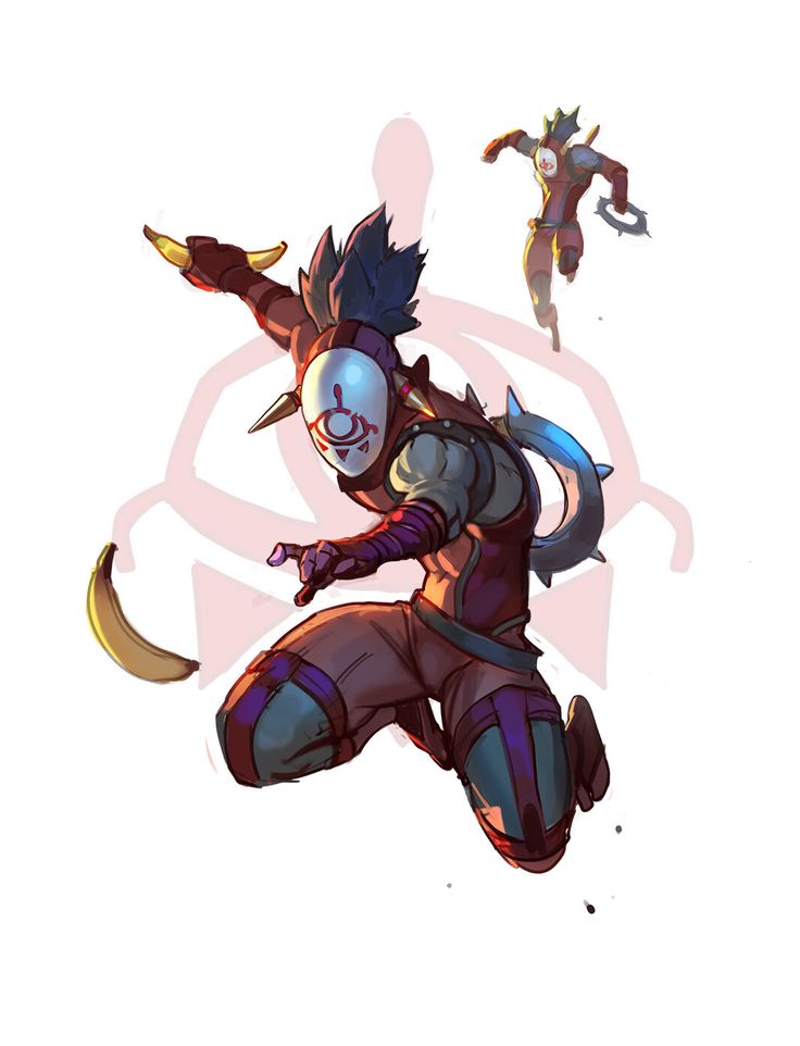 the image features a yiga clan member, a character from the legend of zelda game, leaping in action with a banana. a smaller, less detailed yiga clan member is in the background.