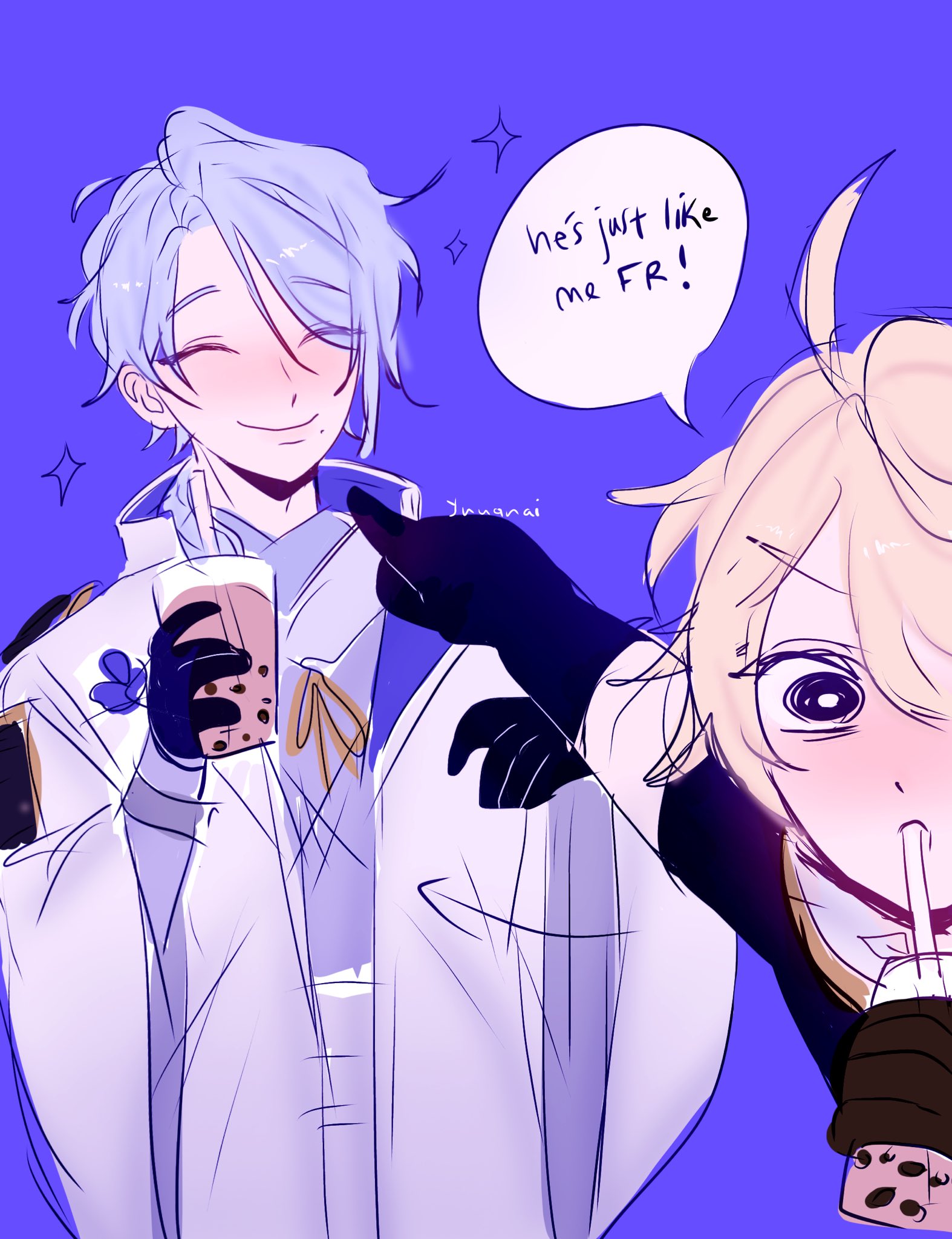 the image is of two anime boys. one of them is pointing at the other while holding a boba tea. the boy being pointed at is also drinking a boba tea. the boy pointing at the other one says, "he's just like me fr!" with a thought bubble above his head.