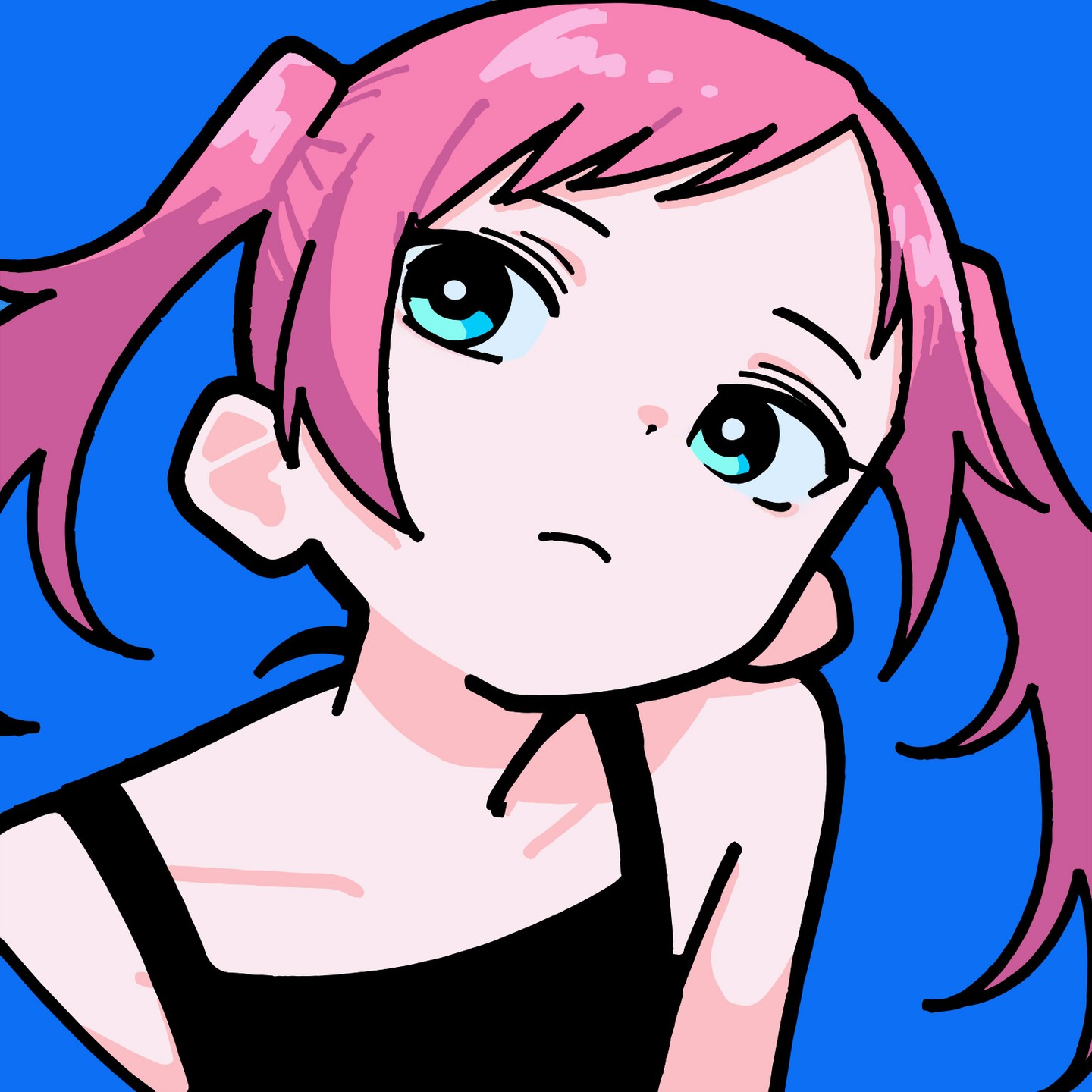 the image is a stylized cartoon drawing of an anime girl. she has pink hair styled in pigtails, and is wearing a black sleeveless top that looks like a swimsuit.  her expression is somewhat neutral or pensive.  the background is a solid, bright blue. the art style is simple and minimalistic, with bold outlines and flat colors. the overall feel is cute and summery.