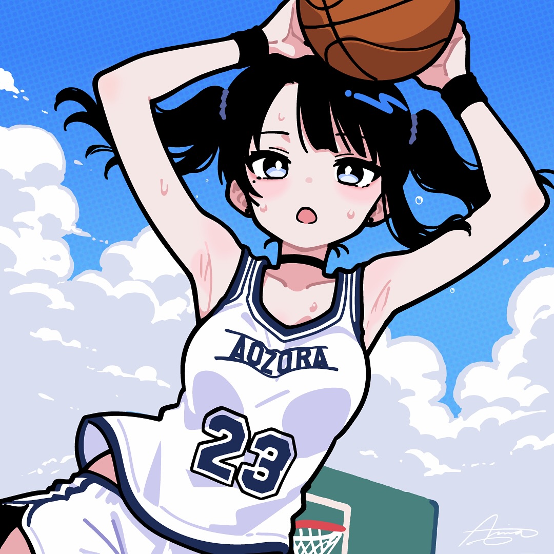 the image is a vibrant digital illustration in an anime/manga style. it depicts a cute, athletic anime girl with dark hair in pigtails, wearing a white basketball jersey with "aozora" and "23" on it. she is shown from a low angle, midjump, about to shoot a basketball. she's slightly sweaty, suggesting exertion.  the background is a bright blue sky with fluffy white clouds, and a portion of a basketball hoop is visible in the lower right corner. the overall style is bold and colorful, with clean lines and a focus on the character's expressiveness and energy.