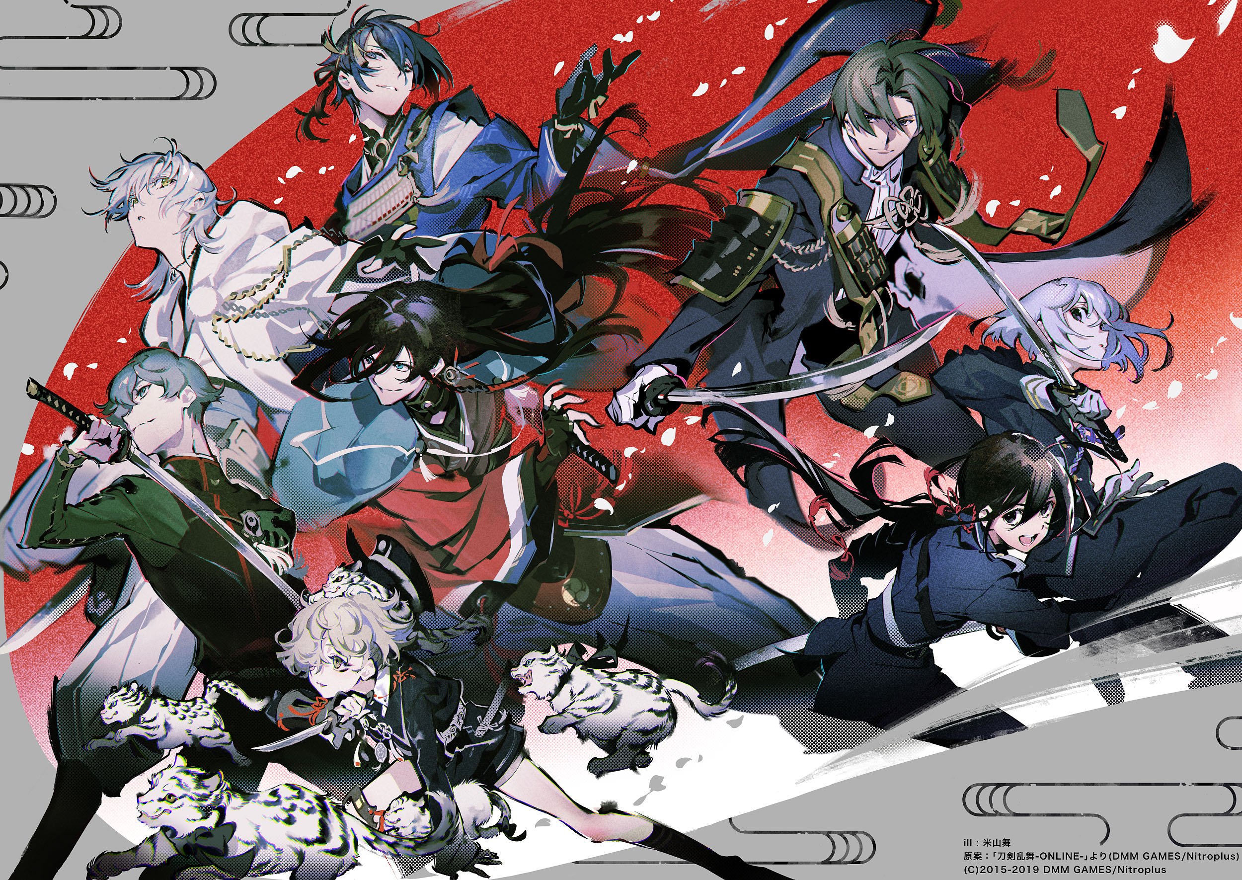 this is a digital illustration of the characters from the popular japanese mobile game, "touken ranbu online." the artwork is styled in an anime aesthetic and features a vibrant color palette of red, black, white, blue, and green. the characters are shown wielding katana swords and dressed in elaborate samurai outfits. the background features a red and white gradient, referencing the japanese flag.