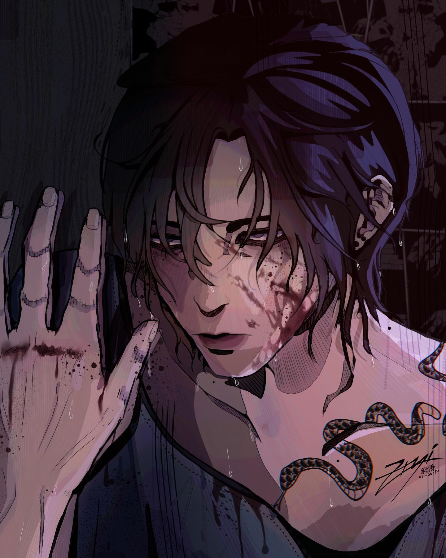 the image is a digital illustration or fanart depicting a young animestyle male character. he has dark purple hair, and is shown from the chest up. his face and hands are covered in blood, suggesting he’s injured or has been in a fight.  he's sweating, and his expression is pained and distressed. he's wearing dark clothing that resembles a kimono, and has a prominent snake tattoo on his collarbone. the background is dark and blurry, adding to the dramatic and mysterious mood. the art style is realistic in its detail and shading, particularly in the depiction of blood and sweat. the overall tone is somber and emotionally intense.