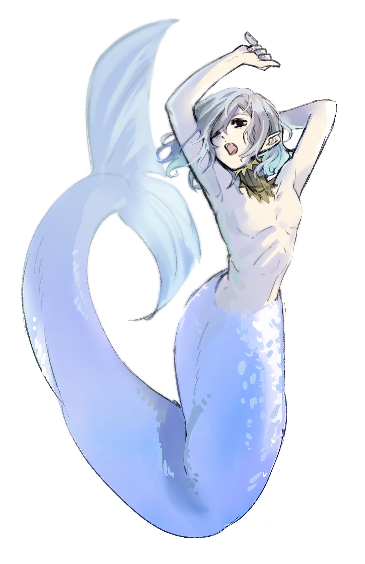 he image is a digital painting of a mermaid. the mermaid has light blue, almost pastelcolored hair and tail. she's fairskinned and has a slender build. her tail is long and flows gracefully behind her, while her hair is styled loosely around her shoulders. the mermaid is posing with one arm raised, seeming to reach for something while the other arm is resting on her hip. the background is plain white, which enhances the focus on the mermaid and her appearance. the style suggests a blend of anime and fantasy elements, with the soft color palette and delicate linework contributing to the ethereal quality of the artwork.