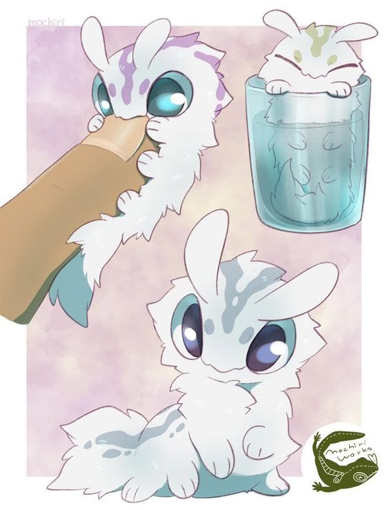 the image is a digital illustration featuring three stylized, furry creatures with large eyes and rabbitlike ears. the creatures are predominantly white with striped markings in purple, blue, and gray. the top left creature is clinging to a tancolored object resembling a finger or stick. the top right creature is sitting in a glass of water, with only its head and front paws visible above the waterline. the bottom creature is sitting and facing front, with its front paws curled inwards. a logo labeled "mochihi works" with an alligator is on the bottom right of the image. the overall style is cute and reminiscent of anime and kawaii aesthetics.