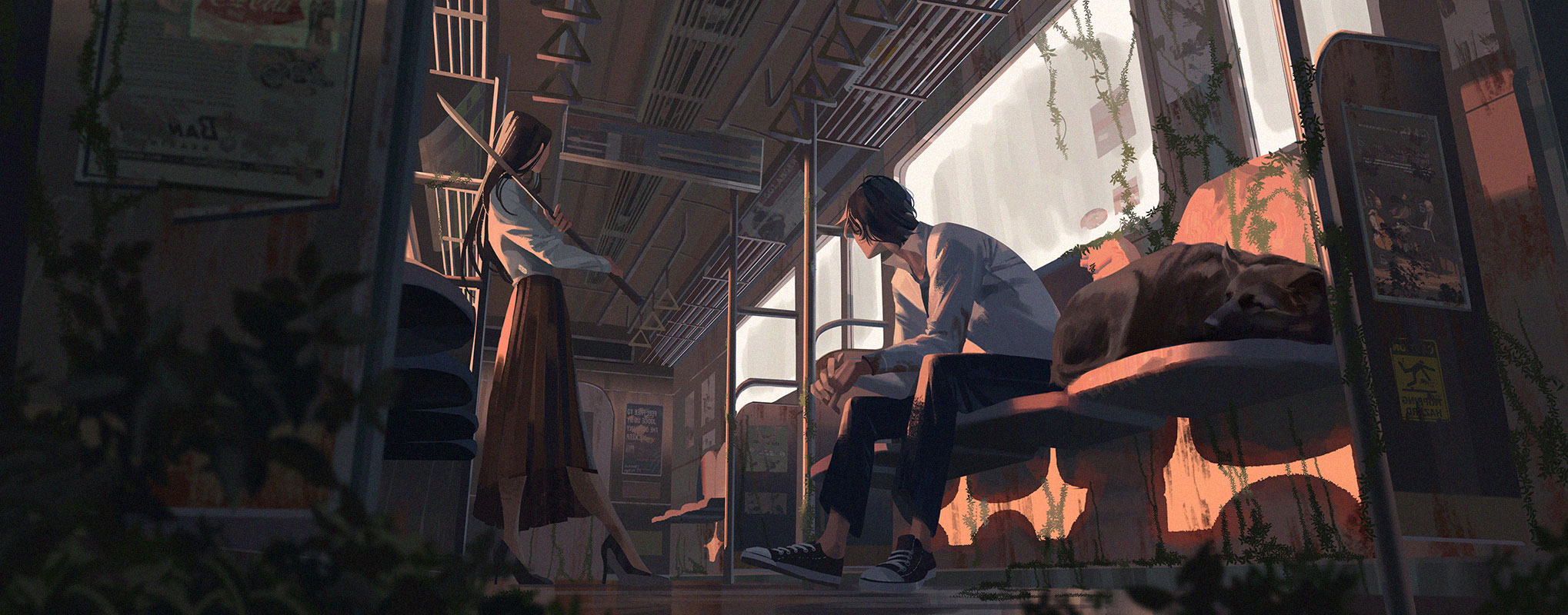 the image is a digital illustration depicting a scene from an anime or manga, set in a dystopian or postapocalyptic urban environment. it features a woman standing near a train car window, holding a katana, while a man sits on a bench across from her. the train car is overgrown with vines, and the overall atmosphere is dark, moody, and mysterious. the composition is evocative, suggesting a sense of isolation and solitude. the woman's stance and the katana she holds hint at a sense of danger or tension, while the man's contemplative pose and the dog sleeping beside him suggest a sense of calm and acceptance. the details of the setting, such as the graffiti and posters, contribute to the overall feeling of a decaying society.