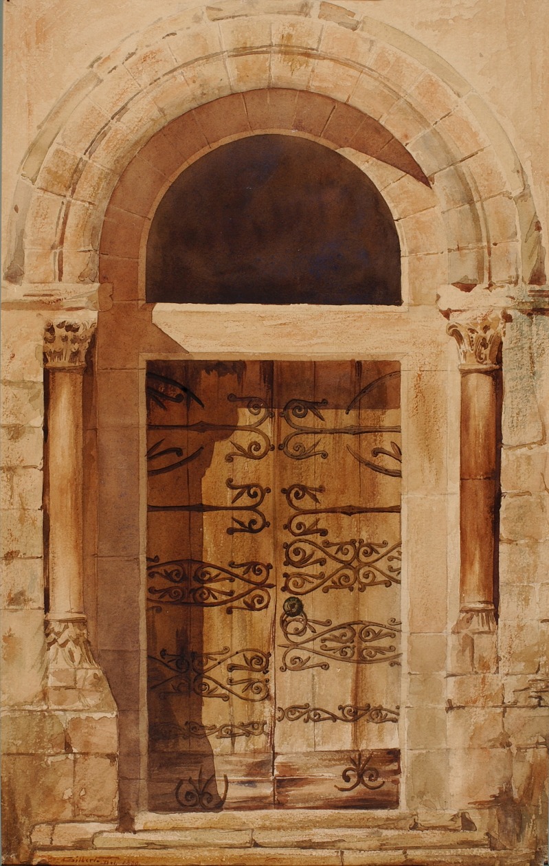 a watercolor painting depicts a grand doorway with a stone archway and a wooden door adorned with ornamental iron hinges. the architecture features stone columns and a weathered facade, capturing the essence of an old, europeanstyle entrance.