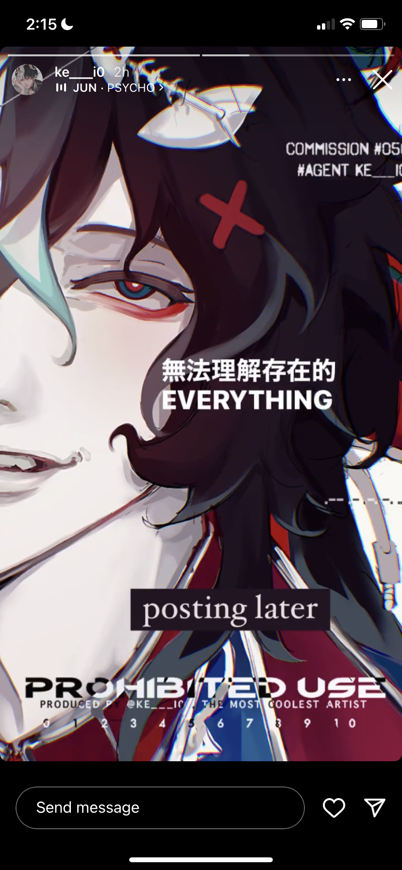 a digital illustration of a male anime character with black hair and red eyes, he is wearing a black and white uniform. the image has text overlays on it, including "prohibited use" and "posting later".