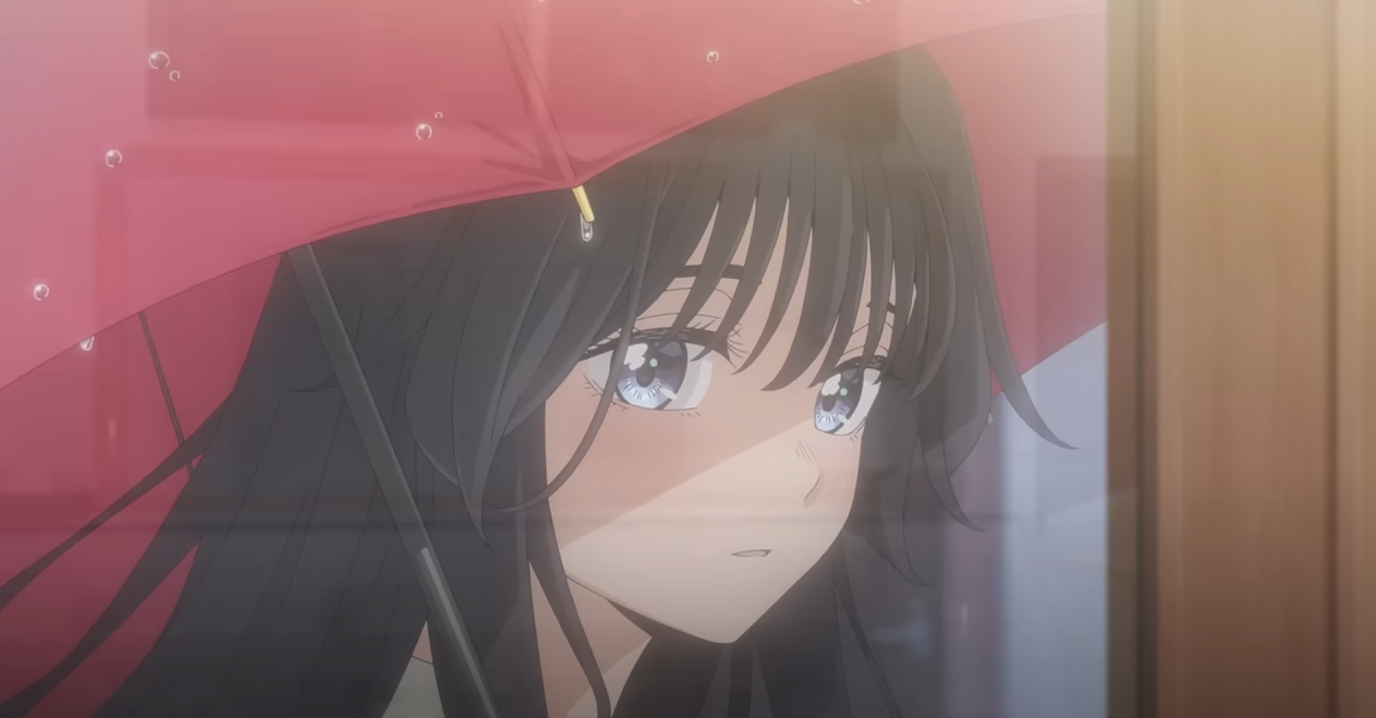 the image is a closeup shot of an animestyle girl seen through a glass pane. she has long black hair, large blue eyes, and is standing under a red umbrella in the rain.  the overall mood is melancholic and soft, with muted colors and gentle lighting. the girl's expression is subdued, suggesting sadness or contemplation. the reflection of the rain on the glass adds to the atmospheric quality of the scene.