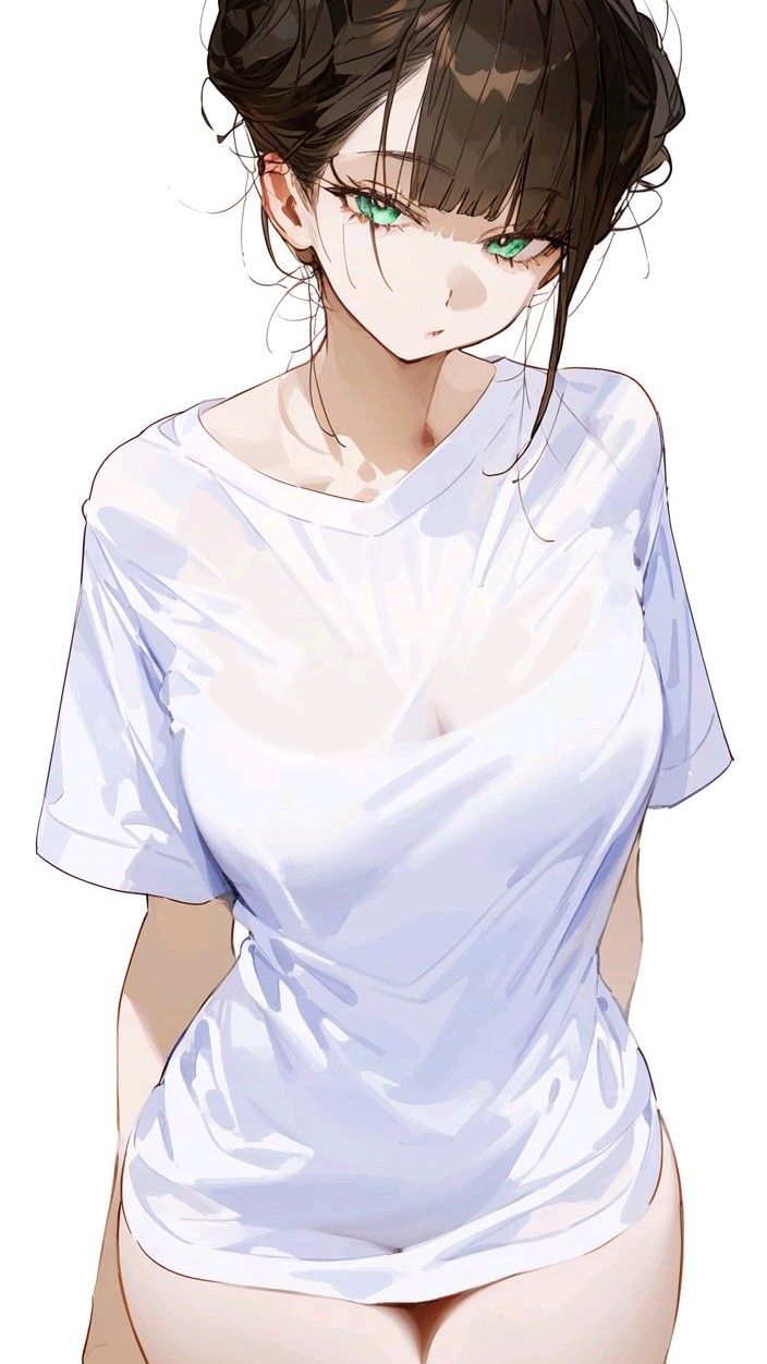 the image is a digital illustration in anime style, depicting a young woman with long brown hair styled in two buns. she has striking green eyes and pale skin. she's wearing a loose, white tshirt that is wet, clinging to her body and revealing her figure in a subtle, suggestive manner.  the art style is soft and detailed, with a focus on light and shadow creating a delicate and almost ethereal effect. the overall mood is suggestive and visually appealing, typical of artistic anime portrayals of female characters.