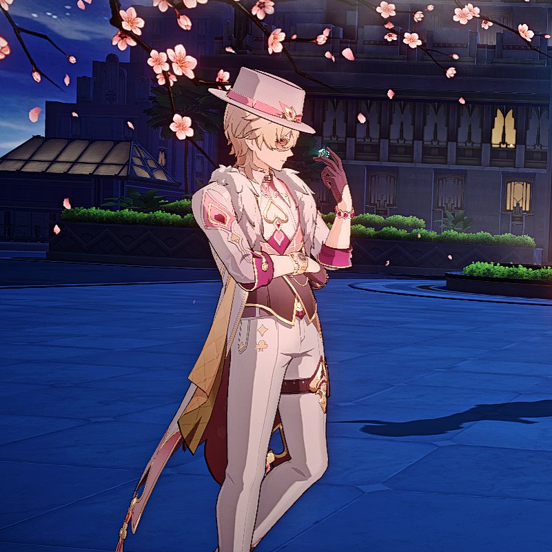 a blond haired anime character with a white coat and hat stands in a night city with cherry blossoms in the background. they are looking at a sparkling gem in their hand.  the character is a male and looks casual and at ease.