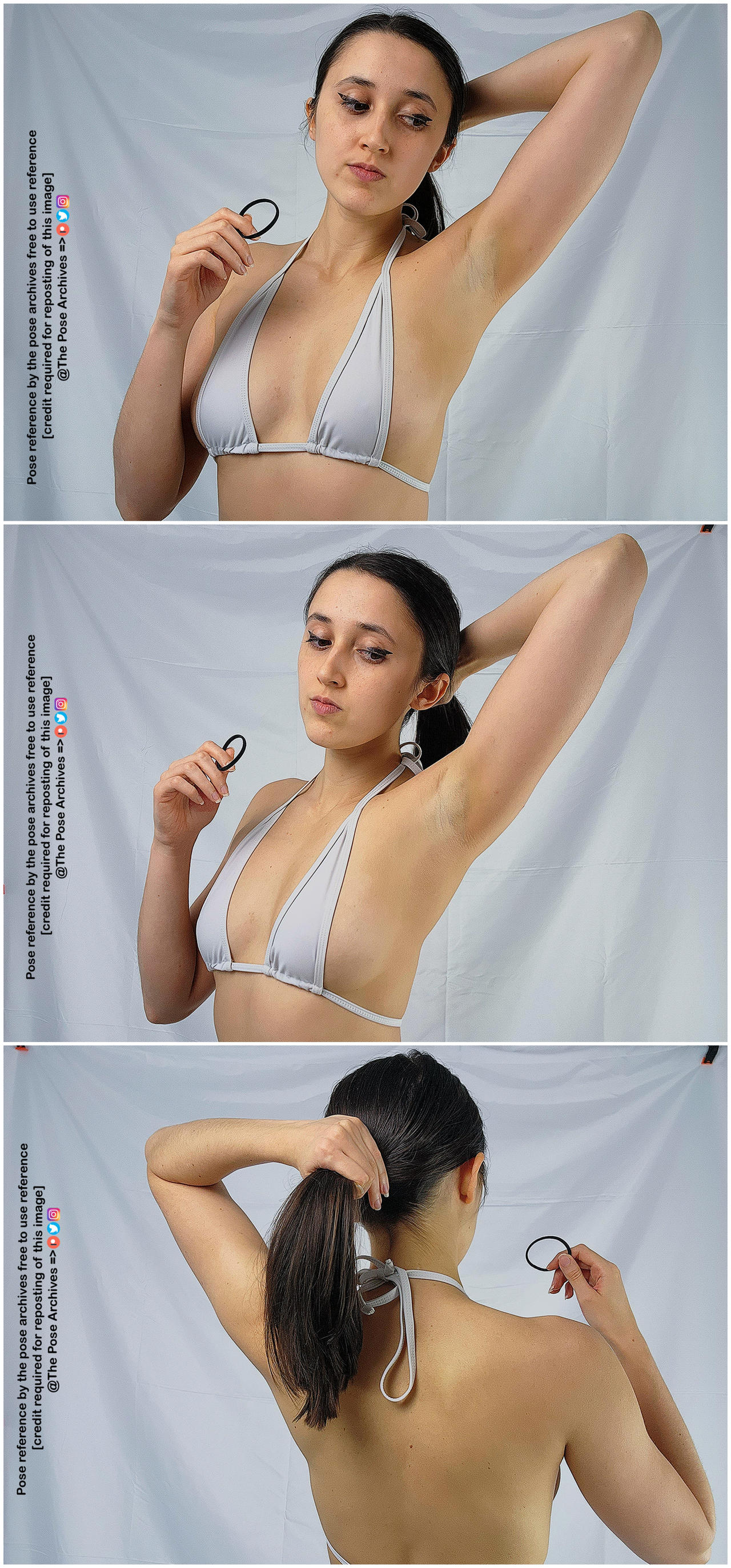 a woman with long dark hair is shown in three sequential images. she is demonstrating how to tie her hair into a ponytail. she is wearing a light gray bikini top. the background is a white sheet.