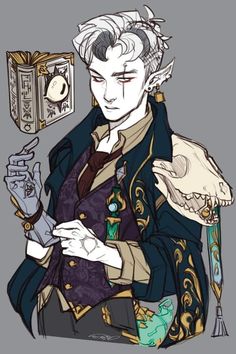 the image is a digital drawing of a male elf with white hair and pointed ears. he is dressed in an elaborate outfit that suggests he is a sorcerer or magic user. he wears a dark blue coat with gold embellishments and a skull attached to his shoulder.  he is also wearing a dark vest and a white shirt with a high collar. he is holding an ancientlooking book with a prominent eye on the cover, and his hands are adorned with intricate tattoos. his expression is serious and contemplative. the overall color scheme is muted, with shades of grey, blue, and brown dominating.