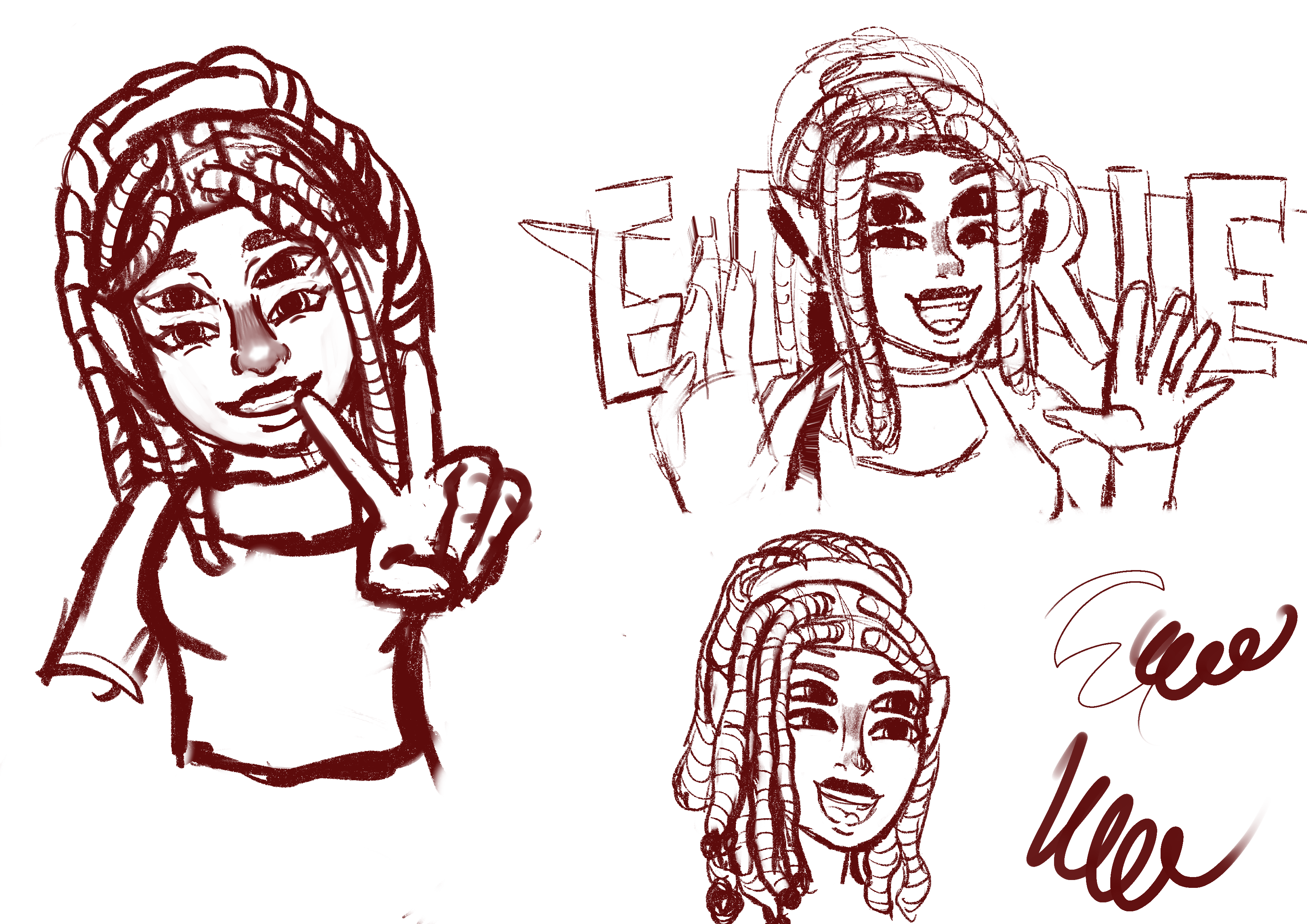 the image contains three sketches of a stylized female character.  the character has three eyes, elflike ears, and distinctive dreadlockstyle hair.  the sketches are done in a loose, expressive style with maroon/brown tones. one sketch depicts the character giving a peace sign, another shows her waving hello in front of graffitistyle lettering that seems to say "empire", and a third is a closeup portrait.  the style suggests a digital hand drawing or a sketch with digital coloring. there is also a stylized signature or name near the bottom. the overall feel is playful and imaginative.