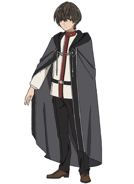 a drawing of a young male anime character in a long black cloak. he has short brown hair and wears a white shirt, brown pants, and brown shoes. the character is standing with their hands at their sides.