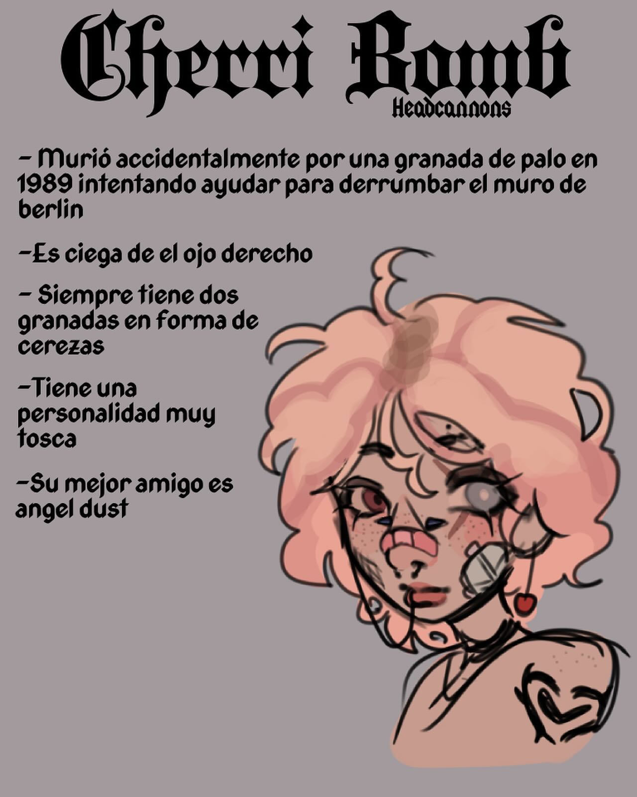 a digital art illustration of cherri bomb, a character from the animated series "hazbin hotel". the drawing shows her wearing a pink outfit, pink hair, and eye patch, along with other accessories like a cherry earring and band aid. the image is a drawing of her head and shoulders, and it is filled with colorful details that are very expressive. the illustration also includes some text below her, which lists different facts about cherri bomb.
