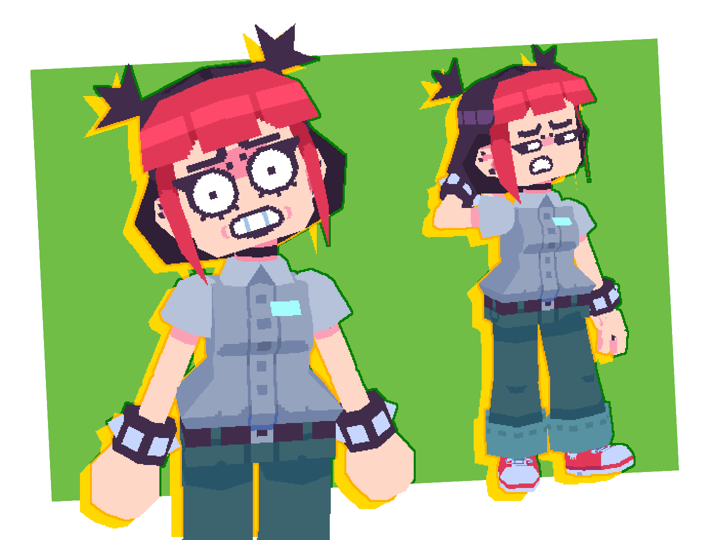 a pixel art character design of a young woman with red hair and black horns. she has an exaggerated expression and wears a gray shirt, green pants, and red and white sneakers. she has black wristbands on her arms. the background is green.