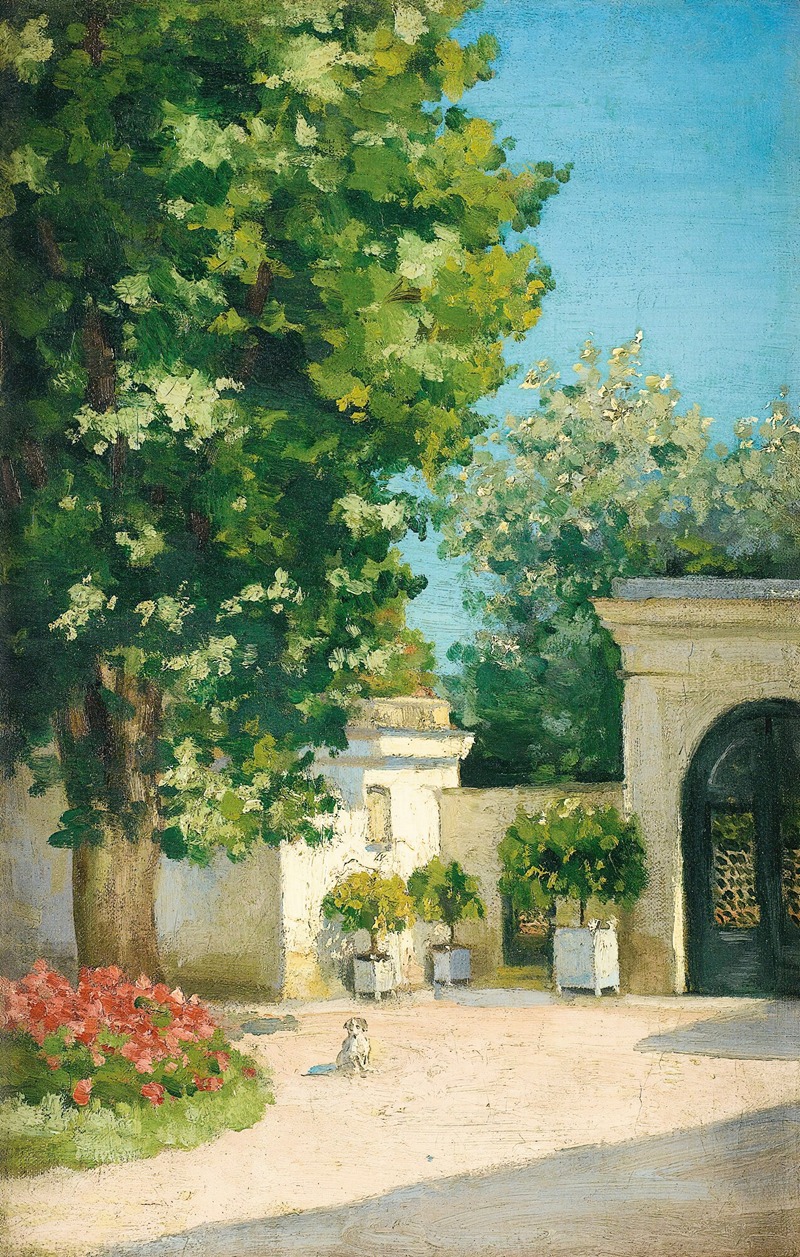 the image is an oil painting on canvas depicting a sunny garden scene. a large tree dominates the left side of the painting, its green leaves filling the upper portion of the frame. to the right of the tree is a white building with a arched gate. a small dog sits in the courtyard in front of the building. flowers are scattered around the yard, with potted plants near the building. the sky is visible in the upper right corner, with a lighter tree in the background.