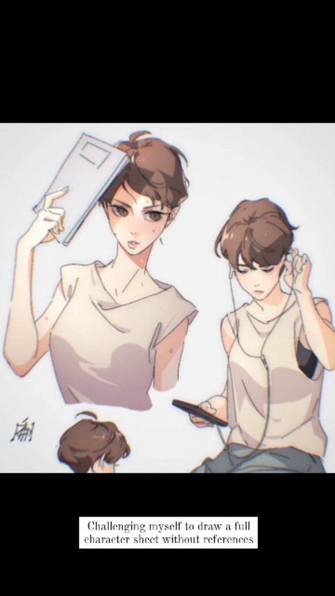 he image showcases a digital drawing of three female anime characters. the artist is challenging themself to create a full character sheet without using any references.  the main character is depicted holding a book above her head, showcasing her side profile and expression.  another character sits, appearing to listen to music through headphones, while a third, smaller character is partially visible. the style leans toward a soft, somewhat muted color palette, with a focus on conveying the characters' personalities through pose and subtle details.  there's a handwritten character in the bottom left corner, which may be the artist's signature or mark. the text at the bottom states the challenge the artist undertook: "challenging myself to draw a full character sheet without references".