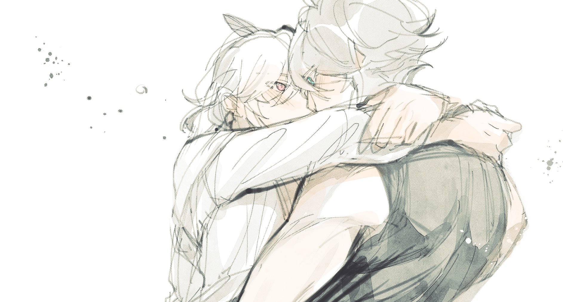 a black and white anime sketch of two people hugging each other closely. the person in the back is slightly leaning in, and the person in the front has their arms around the other person's back. the two people are smiling and looking at each other. the sketch is done in a simple style with light shading. the background is white.