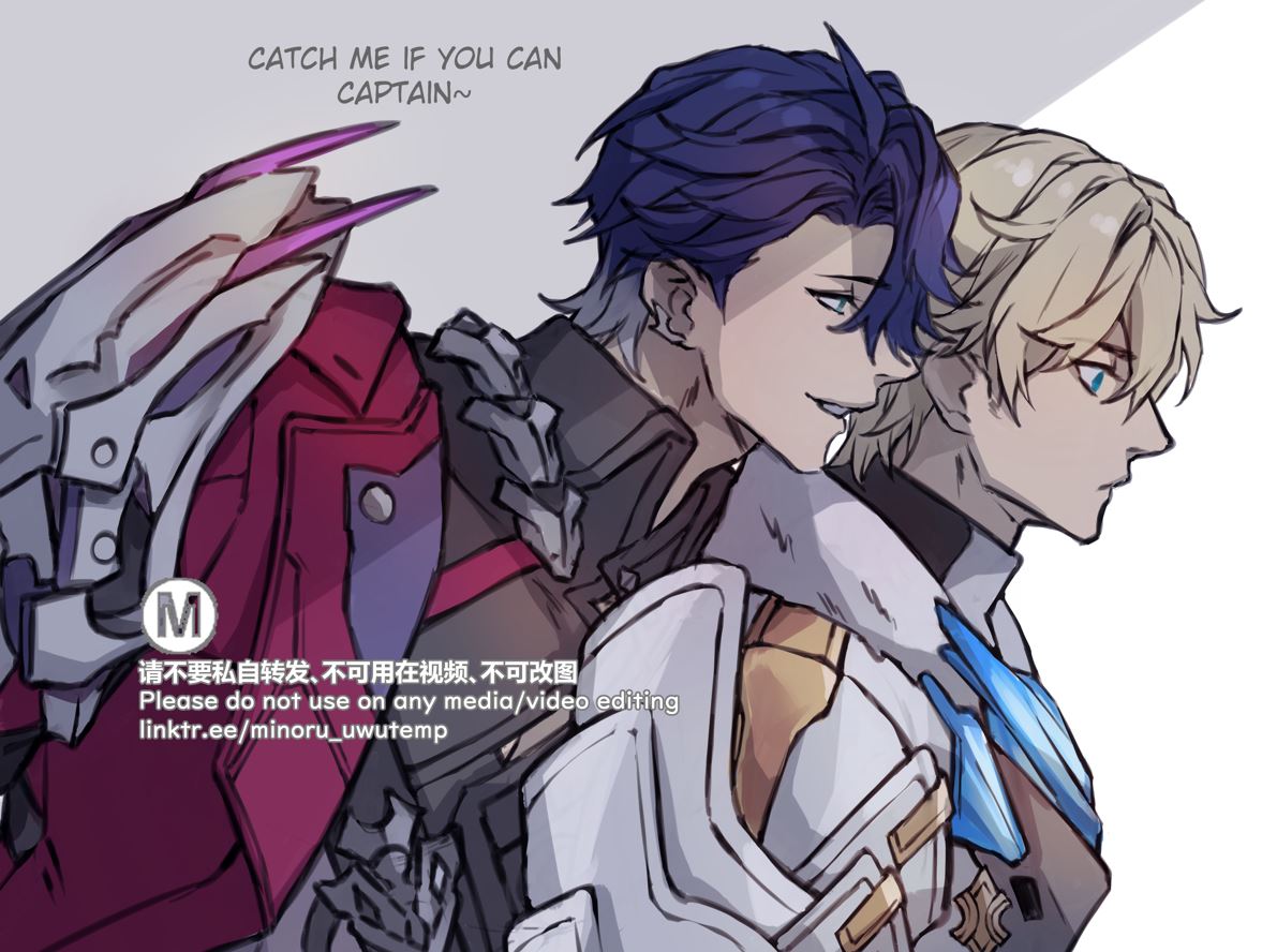 an animestyle illustration depicting two men, one with blue hair and wearing red armor and a blue coat with gold embellishments, holding a sword. the second is blonde and wearing white armor, holding the first by the shoulders. the artwork is welldetailed and features a dramatic lighting that makes it look like a screen capture from a video game. the image is captioned "catch me if you can captain" and is labeled "m" at the bottom. the watermark suggests the content is not for use in video editing.