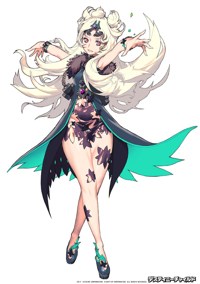 the illustration showcases a single female character, seemingly inspired by anime and manga styles. she is depicted in a dynamic pose against a plain white background. her attire consists of a flowing black and teal dress adorned with a floral pattern. notable features include her long, white hair, elaborate jewelry, and a confident expression. the overall aesthetic leans towards a fantasy or magical girl theme.